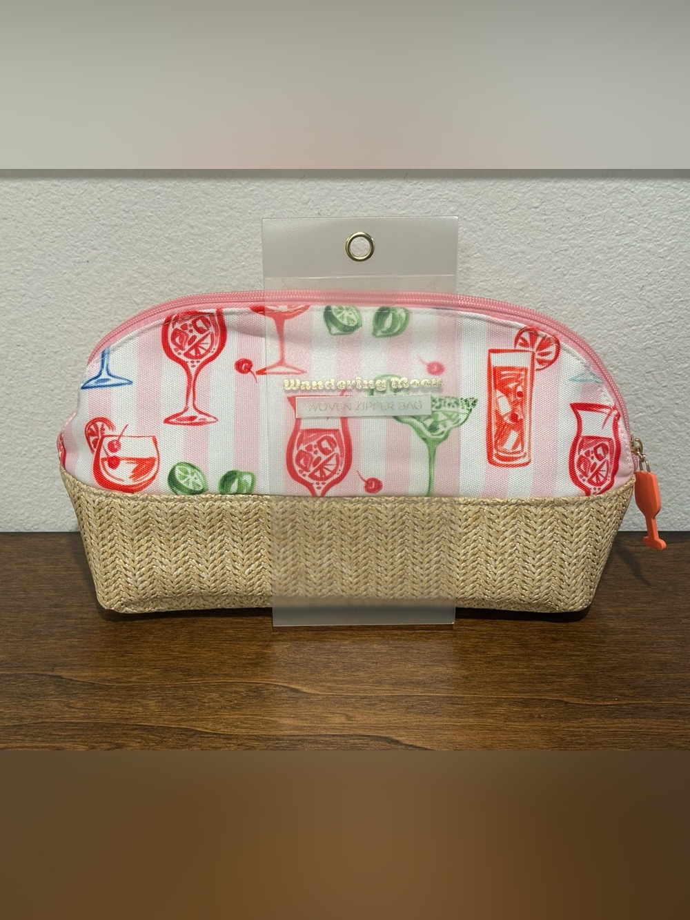 Wandering Moon Pink Striped Cocktail Print Woven Cosmetic Bag